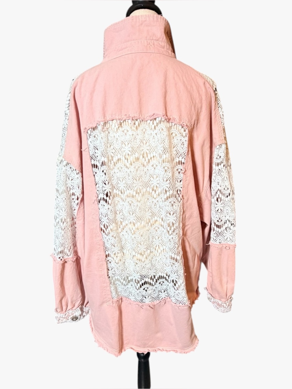 POL Clothing Boho Mixed Lace Patchwork Denim Shacket Pink Size Large - Picture 4 of 12